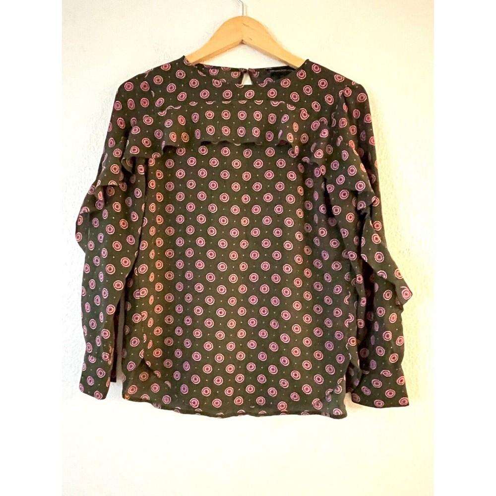 Banana Republic Ruffle Long Sleeve‎ Blouse XSP Petite Green Pink Medallion Dot